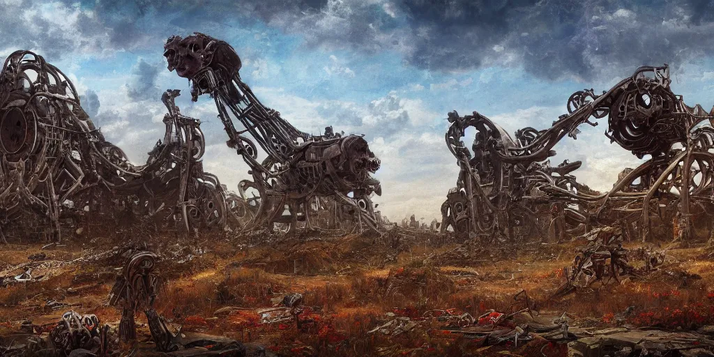 Prompt: 88grzes a hole in ruined broken steel titan colossus laying on his knees field road to star gateway wheel, skulls and skeletons scattered on the ground, abandoned machinery, saturn on horizon, fine art, artstation, matte painting, masterpiece by vasnetsov