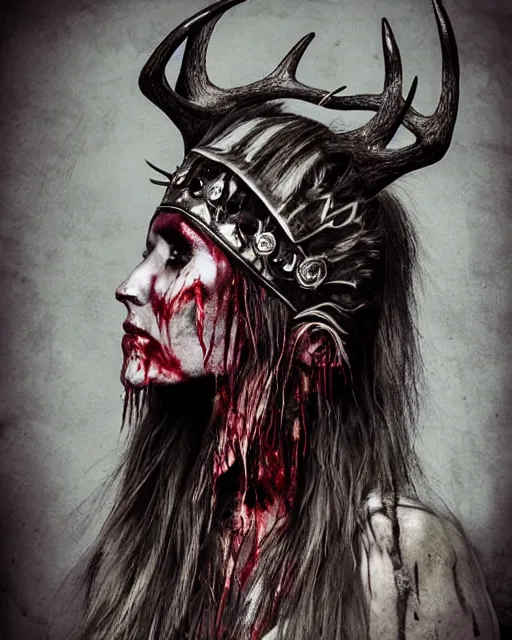 Image similar to deer - skull sisters ghost - spirit of the grim - warpaint wears the scarlet skull armor and native blood headdress antlers, midnight fog - mist!, cinematic lighting, various refining methods, micro macro autofocus, ultra definition, award winning photo, photograph by ghostwave - gammell - giger - shadowlord