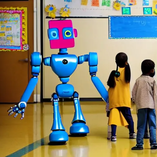 Image similar to a robot teaching kids in an elementary school, national geographic photography, 3 d