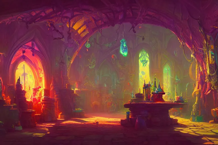Prompt: A psychedelic rpg alchemist shop stocked with various colorful potions and apparatus dungeon map room , vibrant color scheme, highly detailed, in the style of romanticism, cinematic, artstation, Moebius, Greg rutkowski