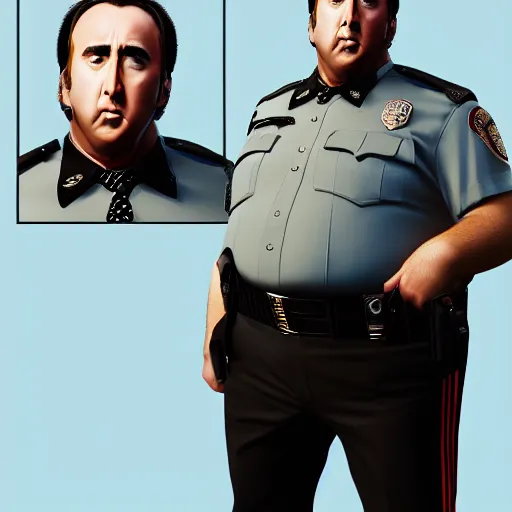 Prompt: Nicolas Cage as an overweight mall cop, portrait, digital art, trending on Artstation, rendered by Octane, by WLOP