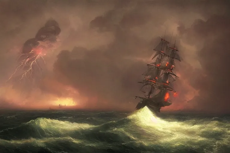 Image similar to A beautiful matte painting of huge alien spaceship attacking with powerful red lasers a Sailship in ocean in thunderstorm by Greg Rutkowski and Ivan aivazovsky