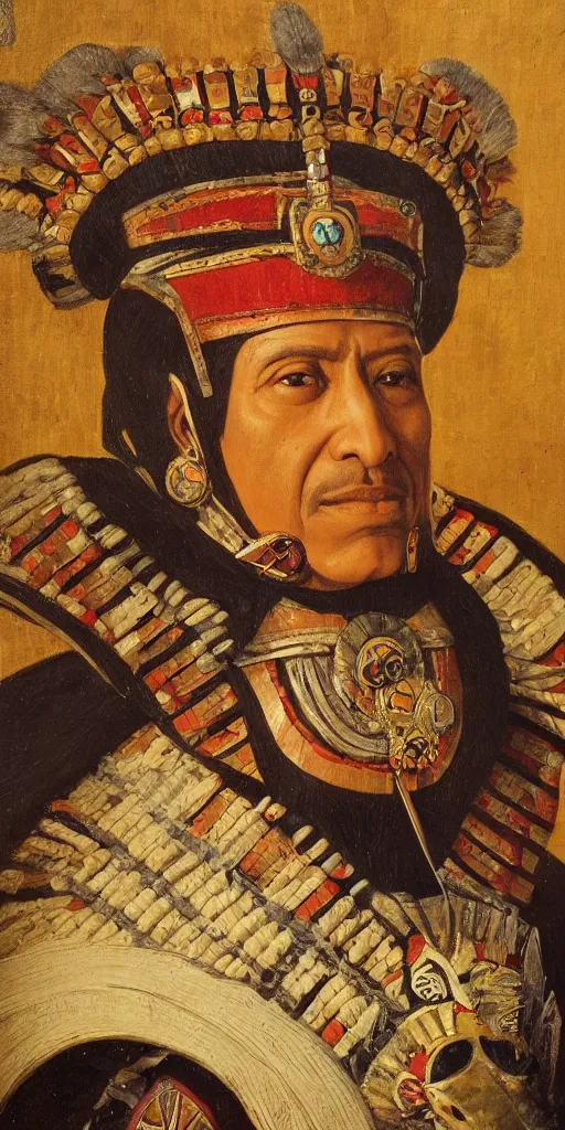 Image similar to Highly detailed and cinematic Renaissance period portrait oil painting of the Incan emperor Atahualpa!!! an oil painting ((masterpiece)) by ((Josep Tapiró Baró)), RPG portrait, dynamic lighting, 8K, Incan!! Inca symbols