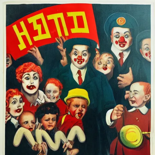 Image similar to communist clown painting soviet propaganda style in poster style portrait hungry children in the background