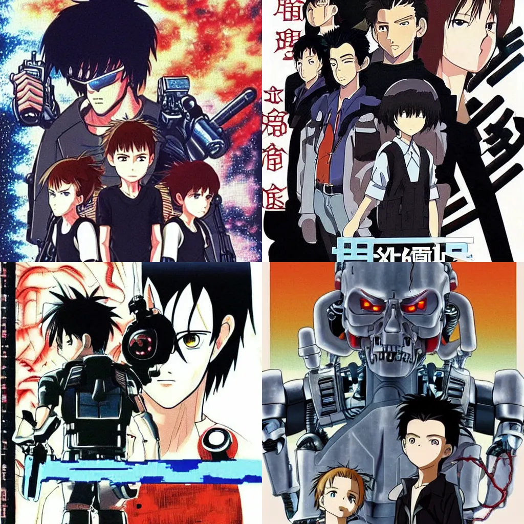 Prompt: Anime Adaptation of the film Terminator 2. we can see the Terminator and John Connor. by studio ghibli. Drawn by Miyazaki.