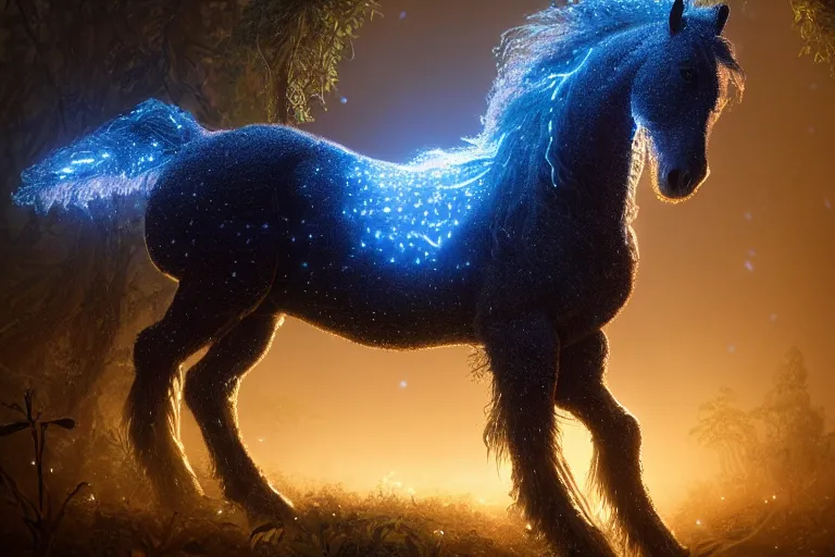 Prompt: a stunning horse made of stardust with a thick mane of bioluminescent vines and flowers running through the woods by greg rutkowski, high key lighting, volumetric light, digital art, highly detailed, fine detail, intricate, ornate, complex, octane render, unreal engine, photorealistic