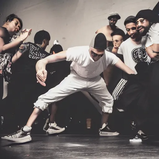 Image similar to old school breakdance party with old vibe and atmospheric environment, cypher with dancers in middle and people around them, photorealistic, fun, old school locking clothes, rock dance clothes