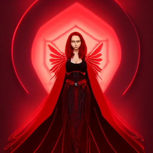 Image similar to beautiful female mage with red hair, natalie portman, black clothing, dark feathered wings, intricate, highly detailed face, trending on artstation, dramatic lighting, 4 k