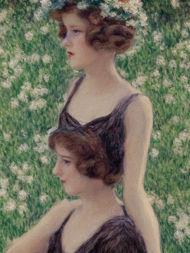 Image similar to portrait of < zelda fitzgerald > as a beautiful young lady wearing 1 9 2 0 s fashion, blurry face, brown hair, slim, fair, severe out of focus, depth of field, pleinairism, in the sun, backlit, closeup, oil on canvas, atr by monet, in the style of le promenade, smooth, impressionnisme, 8 k