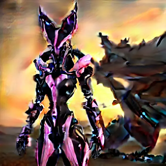 Image similar to cinematic close up full body shot of a beautiful saryn prime female warframe, that's a beautiful stunning anthropomorphic robot female dragon with metal cat ears, posing cutely, standing on the beach at sunset, robot cat paws, thick warframe legs, detailed arms, sharp claws, slick pink armor, streamlined white armor, long elegant tail attached to her back end, two arms, two legs, detailed warframe fanart, destiny fanart, macro art, dragon art, furry art, realistic digital art, warframe art, Destiny art, furaffinity, DeviantArt, artstation, 3D realistic, 8k HD, octane render