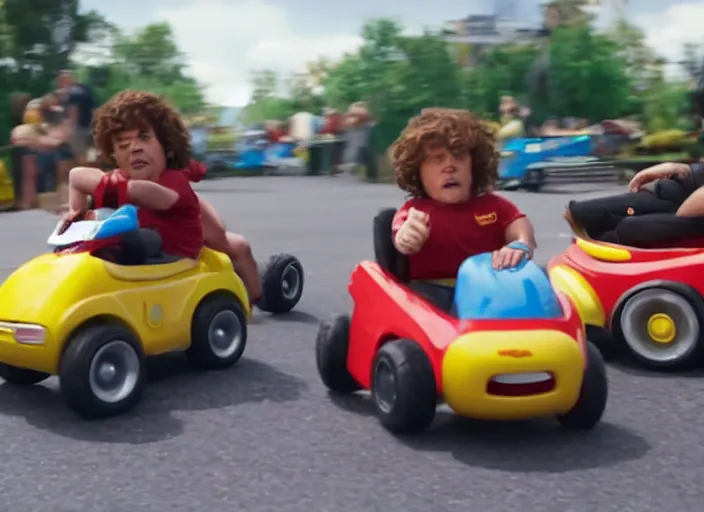 Image similar to peter dinklage racing gary coleman driving a little tikes cars, movie still, from the new fast and furious movie, 8 k, realistic