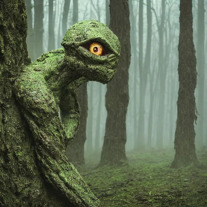 Prompt: a closeup of an alien, in a foggy mossy forest, by Omar Z. Robles, CANON Eos C300, ƒ1.8, 35mm, 8K, medium-format print