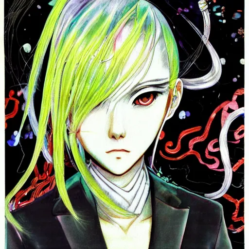 Image similar to yoshitaka amano realistic illustration of an anime girl with black eyes and long wavy white hair wearing dress suit with tie and surrounded by abstract junji ito style patterns in the background, blurry and dreamy illustration, 1 9 9 0 s anime color palette, noisy film grain effect, highly detailed, oil painting with expressive brush strokes, weird portrait angle