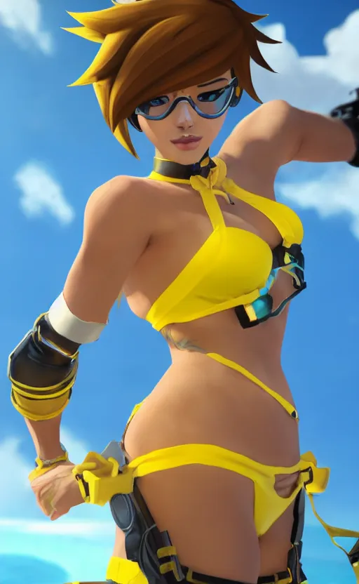 Image similar to tracer game character, in yellow bikini, blonde hair, black eyes, full height