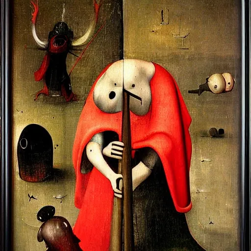 Image similar to Among Us red crewmate sus by Hieronymus Bosch