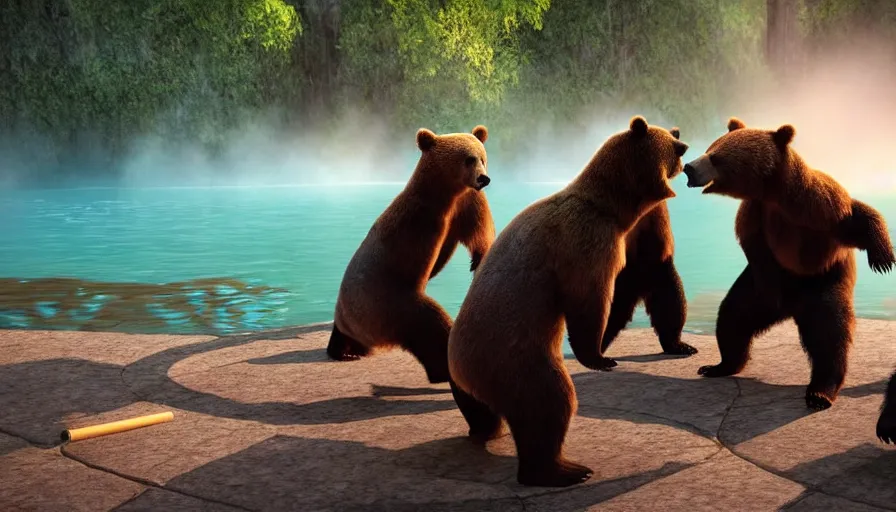 Prompt: fullbody portrait of bears playing capoeira in a hot spring. volumetric light, detailed, photorealistic, fantasy, rendered in octane