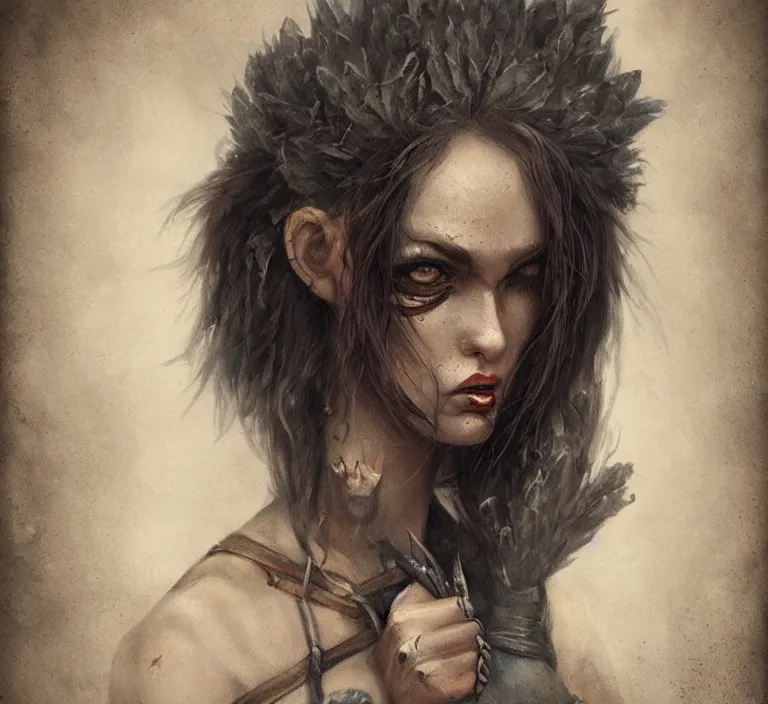 Image similar to a rugged female warrior in the style of tom bagshaw