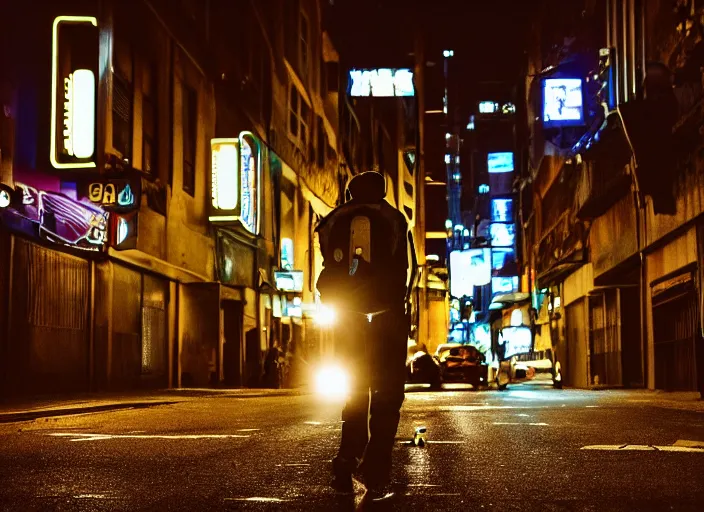 Image similar to photography of a Cat carrying a backpack . in a cyberpunk street. award winning photo, led lighting, night, 24mm, sharp, high res