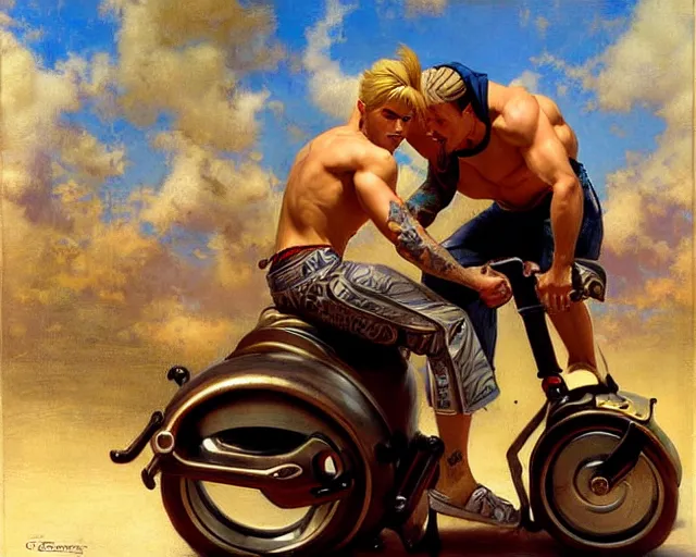 Image similar to handsome tattooed blonde gym bro rides an e - scooter, cool colors, hard angles, painting by gaston bussiere, craig mullins, j. c. leyendecker, tom of finland