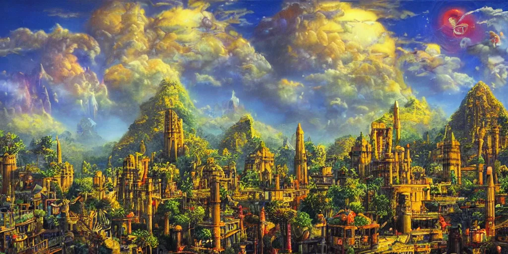 Image similar to fantasy oil painting, regale, refined, fortress mega structure city, luxor, argos, indore, ellora, hybrid, looming, small buildings, warm lighting, street view, overlooking, epic, lush plants flowers, rainforest mountains, bright clouds, luminous sky, outer worlds, cinematic lighting, michael cheval, michael whelan, oil painting, natural tpose