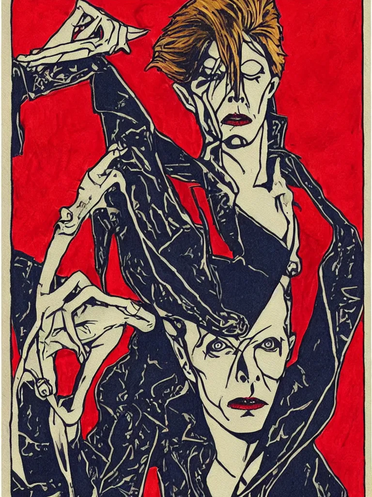 Image similar to art nouveau, David Bowie, one single figure, tarot card, vampire, sharp teeth, leather jacket, jeans, long red hair, full body