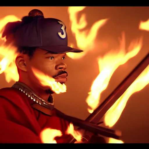 Image similar to cinematic film still of Chance The Rapper starring as a Samurai holding fire, Japanese CGI, VFX, 2022, 40mm lens, shallow depth of field, film photography