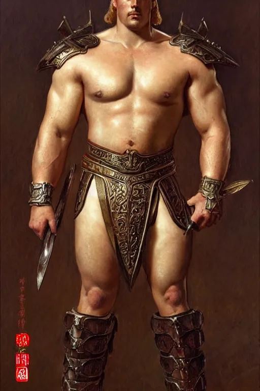 Prompt: attractive beefy male with armor, song dynasty, character design, painting by gaston bussiere, craig mullins, j. c. leyendecker, tom of finland