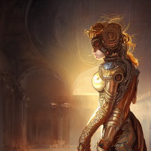 Image similar to portrait knights of Zodiac girl, metallic black and reddish color reflected armor, in ruined Agora of Athens, ssci-fi, fantasy, intricate, very very beautiful, elegant, golden light, highly detailed, digital painting, artstation, concept art, smooth, sharp focus, illustration, art by WLOP and tian zi and alphonse mucha