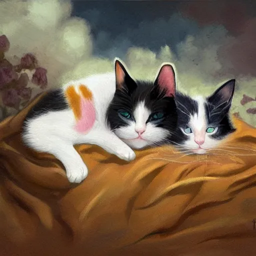 Image similar to a black and white cat and a tri-color calico cat sleeping peacefully together in cat heaven, puffy clouds, dreamy, painted by Tyler Edlin, very very very very crispy