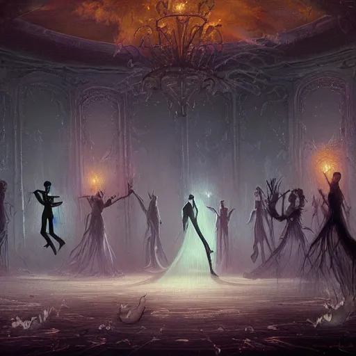 Image similar to Ghostly Apparitions Dancing in the Ballroom, Halloween, Autumn Night, 8k resolution matte fantasy painting, cinematic lighting, DeviantArt, Artstation, Jason Felix Steve Argyle Tyler Jacobson Peter Mohrbacher