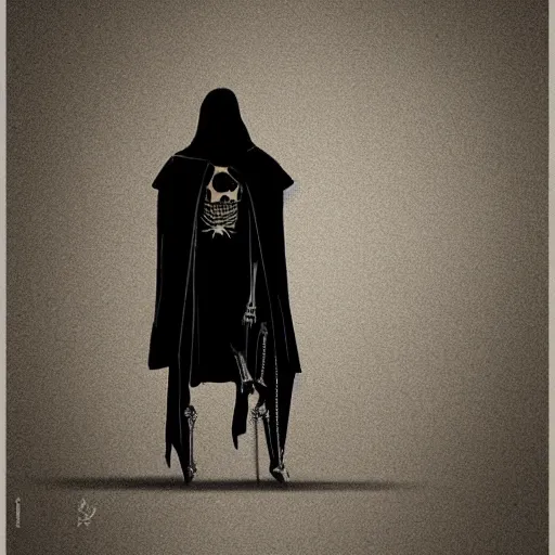 Prompt: a skeleton in black cloak by cheng hsiao-ron