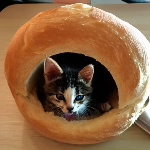 Image similar to kitten living inside a bread, hyper detailed