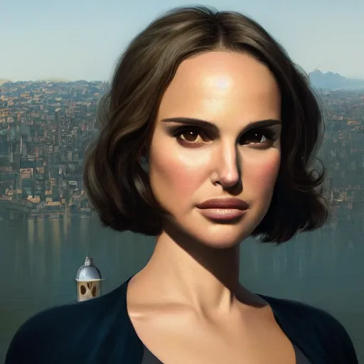 Image similar to closeup portrait of natalie portman, blunt bob, hitman, city background, dramatic light, gorgeous view, depth, high detail, digital art, painted by greg rutkowski and seb mckinnon, by tim burton, trending on artstation