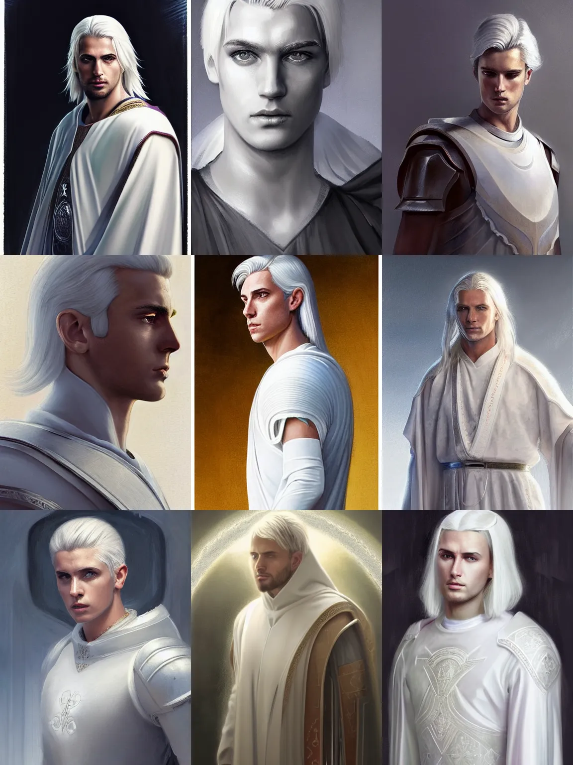 Prompt: portrait of a young beautiful calm and pious male aasimar paladin halo above head with medium length white hair wearing white vestments under armor, pensive and hopeful expression, cinematic light, symmetrical face illustration, painterly, Greg Rutkowski:9, intricate, masterpiece, clean shaven, fantasy, 8k