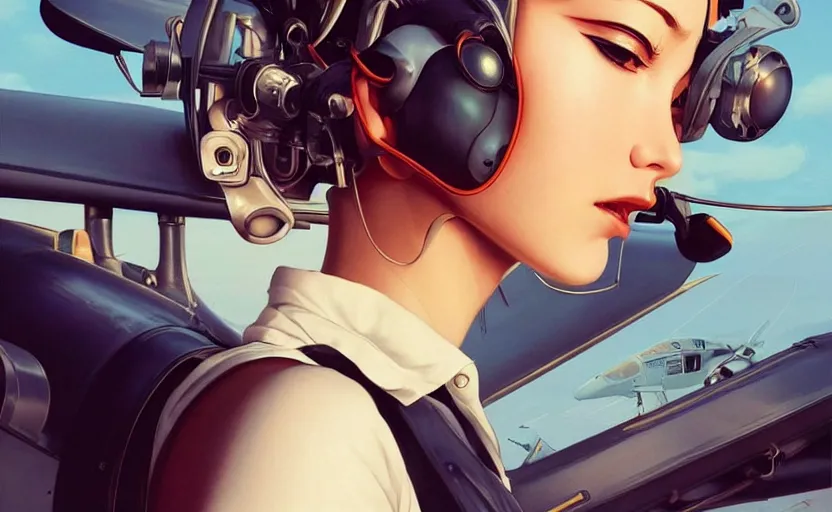 Image similar to pilot girl in her airplane, cyborg parts, vintage clothing, occlusion shadow, specular reflection, rim light, unreal engine, range murata, artstation, pinterest, art by hiroaki samura and ilya kuvshinov and rossdraws, intricate, highly detailed 8 k, art deco illustration, extremely beautiful shape of face, neck, shoulders eyes