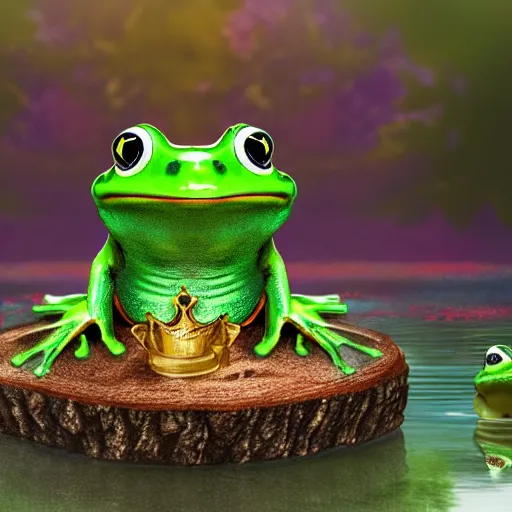 Image similar to a photorealistic frog king sitting on a throne, surrounded by frog servants next on the side of the pond, digital art