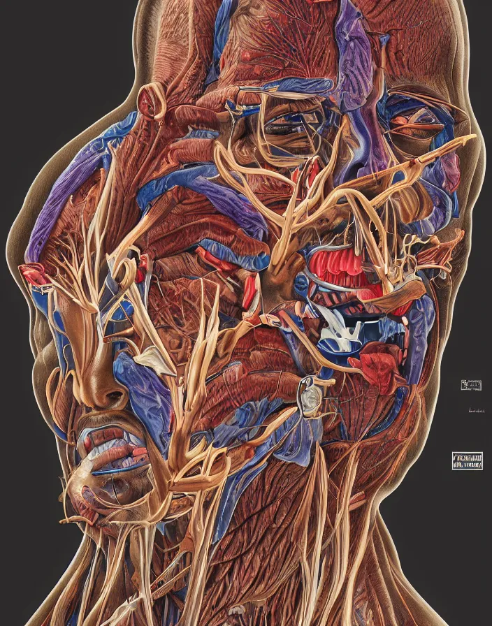 Prompt: an anatomical illustration of Kanye West from a medical journal by Nychos and Alex Grey, highly detailed, high detail, 8k