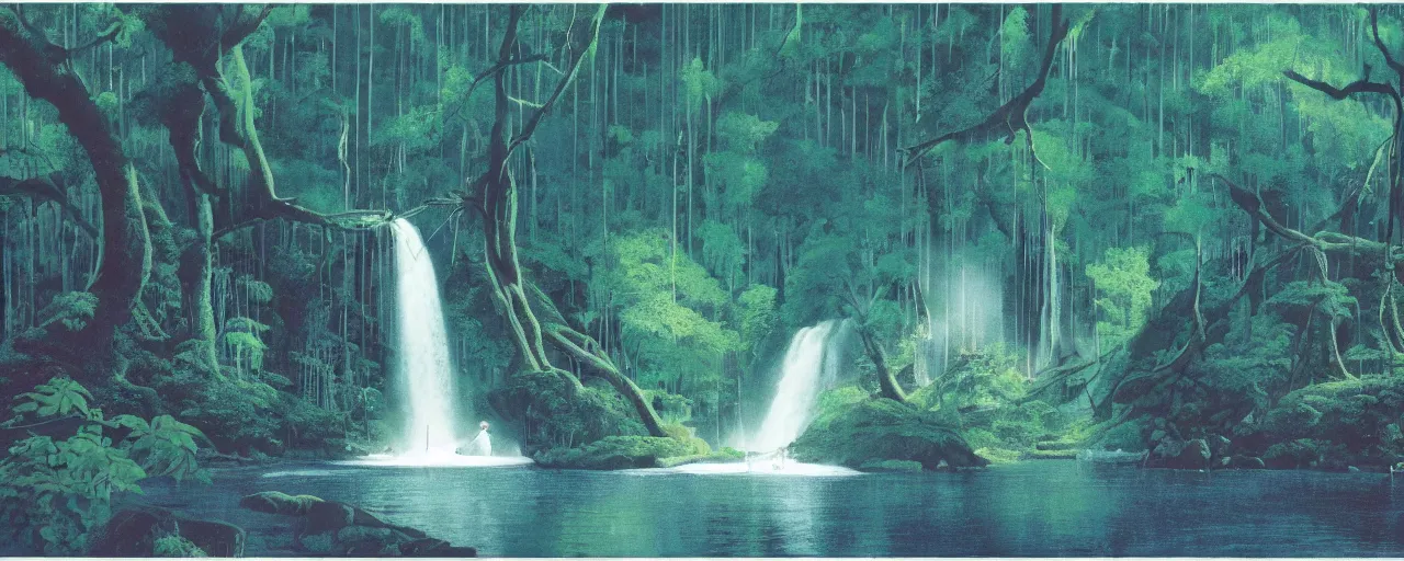 Image similar to deep forest, an old ship in the middle of the forest, rainbow river waterfall, striking composition, huge scale, gentle mists, subtle color variations, highly detailed, a white robed benevolent magician clothed in a royal garment in contemplation meditating upon God, by Eyvind Earle and Mary Blair