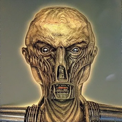 Image similar to portrait by h. r. giger of andrei romanovich chikatilo who became a degraded abomination, photo - realistic, color image, 2 k, highly detailed