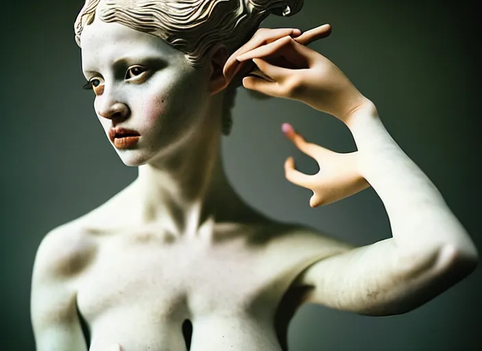 Image similar to cinestill 5 0 d photo portrait of a beautiful hybrid woman - statue in style of tim walker by roberto ferri, body skin weird marble, hair is intricate tulle, 5 0 mm lens, f 1. 2, sharp focus, ethereal, emotionally evoking, head in focus, bokeh volumetric lighting, tonal colors outdoor