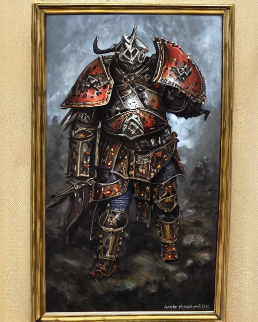 Image similar to an oil painting of heavily armoured warhammer chaos warrior