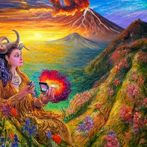 Prompt: painting by senior concept artist josephine wall, horned ram goddess checking her cell phone, erupting volcano and sunset in distance in background, flowers in foreground, zodiac, fantasy, acrylic on canvas, intricately detailed, highly detailed, high resolution, hd, hdr, 8 k, trending on artstation,