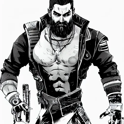 Image similar to concept art character, very high angle view, book cover, very attractive man with beard, walking in cyberpunk valley highly detailed full body, strong masculine features, sturdy body, command presence, royalty, smooth, sharp focus, organic, appealing, book cover, deep shadows, borderlands 3 style, extremely fine inking lines