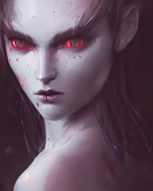 Prompt: a demon girl, flawless symmetrical pretty face, greg rutkowski, 8 k, shallow depth of field, intricate detail, concept art,