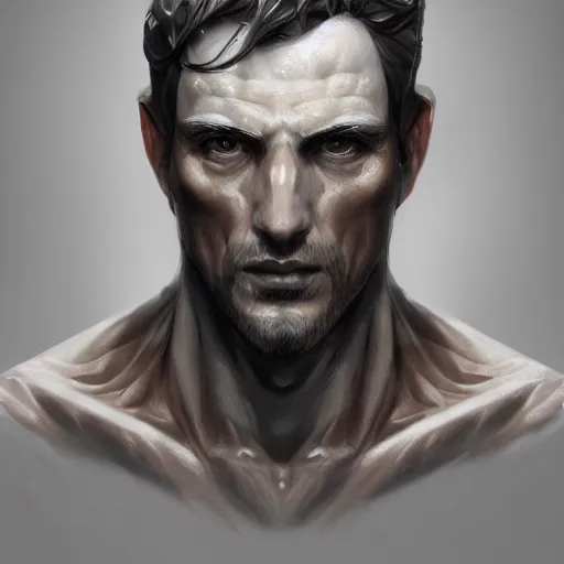 Prompt: a portrait of a man made entirely of marble, D&D, fantasy, elegant, hopeful, muscular, highly detailed, digital painting, artstation, concept art, smooth, sharp focus, illustration