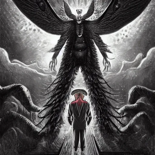 Image similar to A centered chest up portrait of a psychedelic godlike mothman with giant mandala wings smoking a hand-rolled cigarette smoking heavily , magic mushroom village in background , award winning. superb resolution. in the art style of junji Ito and greg rutkowski . Detailed Mushroom city in background. Hyper realistic anime. Perfect art. Dalle2