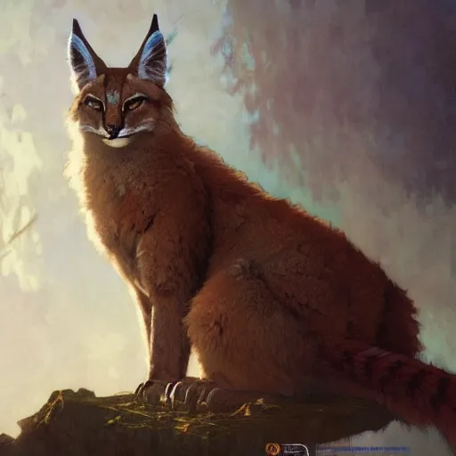 Image similar to concept art, a cute fluffy caracal, 8 k, alphonse mucha, james gurney, greg rutkowski, john howe, artstation