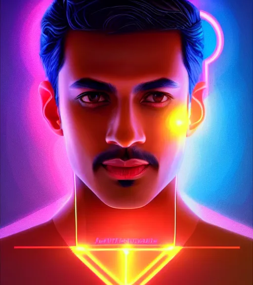 Prompt: symmetry!! indian prince of technology, solid cube of. light, hard edges, product render retro - futuristic poster scifi, lasers and neon circuits, brown skin handsome indian prince, intricate, elegant, highly detailed, digital painting, artstation, concept art, smooth, sharpfocus, illustration, dreamlike, art by artgerm