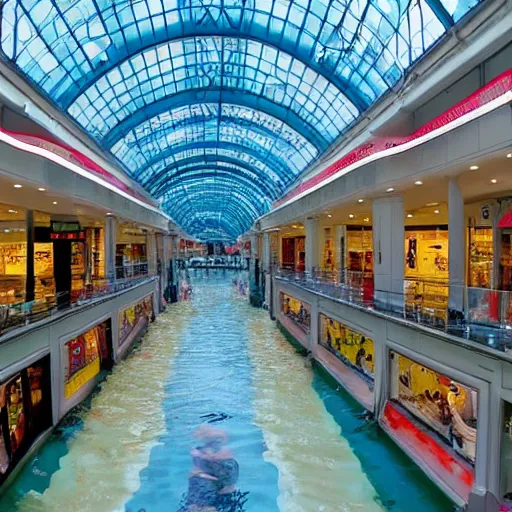 Image similar to photo of inside a shopping mall the inside is flooded with over 2 5 meters depth of water, highly detailed.
