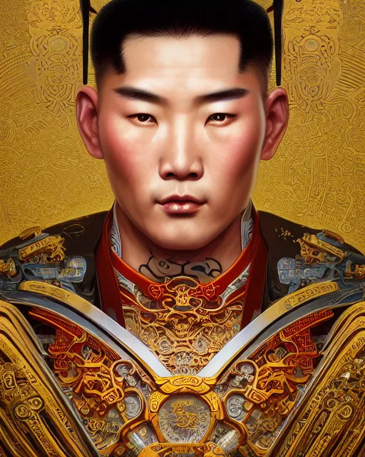 Image similar to portrait of a chinese masculine male cyberpunk machine, machine face, upper half portrait, decorated with chinese opera motifs, muscular arms, asian, fine china, wuxia, traditional chinese art, intricate, elegant, highly detailed symmetry headpiece digital painting artstation concept art smooth sharp focus illustration, art by artgerm and greg rutkowski alphonse mucha 8 k